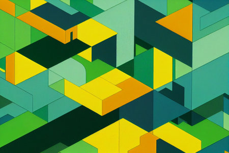 A creative illustration for backgrounds, wallpaper, cards, stationery, paper and digital uses. Geometric block shapes in green tones and yellow.の写真素材