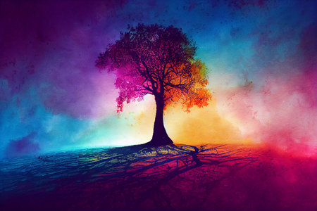 A lone tree in the night sky. A colorful winter landscape illustration.の写真素材