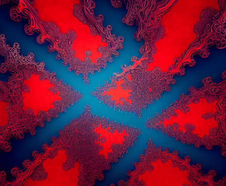 Fractal geometric shape with detailed structure, an illustration of the pattern complexity with infinite depth and complexity. Red lace on blue.の写真素材