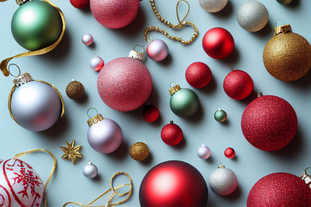 Illustration of a collection of colorful Christmas season tree decorative baubles on a light blue...