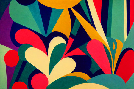Brightly colored art deco illustration of geometric shapes and pattern.の写真素材
