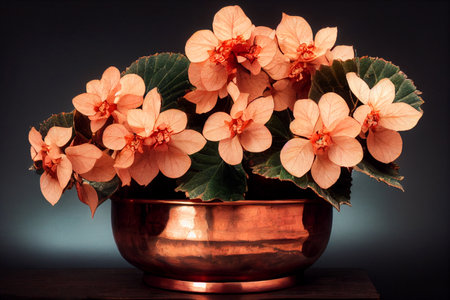 Creative still life illustration of begonia flowers in a shiny copper bowl.の写真素材