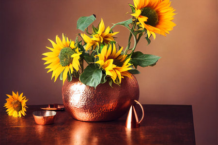 Creative and still life illustration of yellow sunflowers in a shiny copper pot on a table.の写真素材
