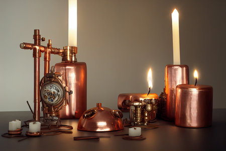 Creative still life illustration of candles in shiny copper holders.の写真素材