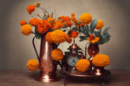 Creative and still life illustration of marigold flowers in shiny copper pots on a table.の写真素材