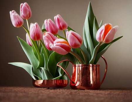Creative and still life illustration of beautiful tulip flowers in shiny copper pots on a table.の写真素材