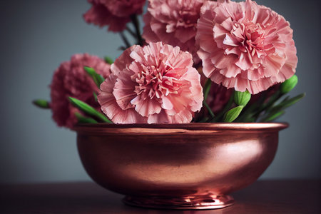 Creative still life illustration of beautiful pink carnations in a shiny copper bowl.の写真素材
