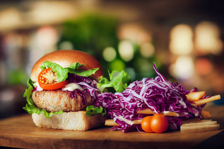 Food illustration - a fish burger with lettuce, red cabbage, cherry tomatoes and chips on a wooden bench.の写真素材