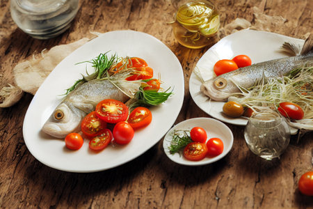 Food illustration - Whole fish with cherry tomatoes and fennel on white plates.の写真素材
