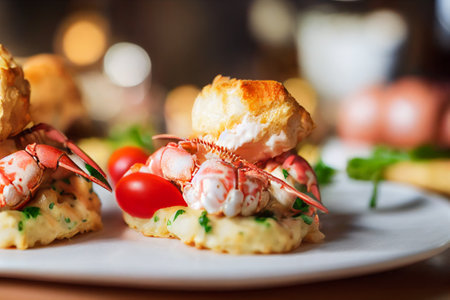 Food illustration - hot bun with creamy lobster meat and cherry tomatoesの写真素材