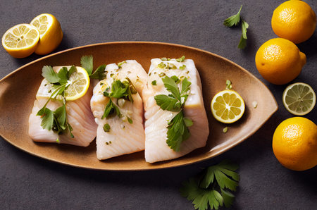 Food illustration - Grilled fish with lemon and a parsley garnish on a brown plate dark background.