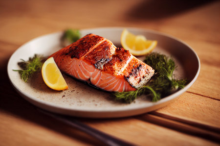 Food illustration - Baked salmon with lemon and herbs presented on a plateの写真素材