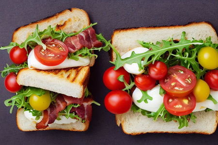 Food illustration - Grilled bacon and mozzarella sandwiches with, tomato salad on dark background.の写真素材