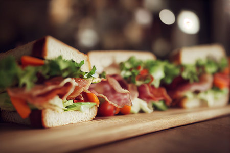 Food illustration - bacon and salad sandwiches as a snack on a timber tray.の写真素材