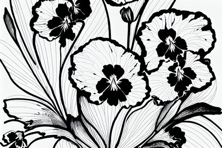 Line art drawing illustration, black and white with crisp lines. Pansy flowers.の写真素材