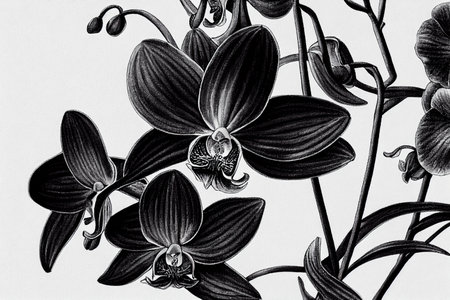 Line art drawing illustration, black and white with crisp lines. Orchid flowers.の写真素材