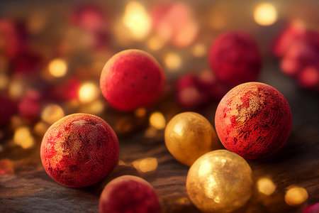 Photo realistic background blur, bokkeh lights, shallow depth of field. A creative illustration of red and gold Christmas baubles.の写真素材