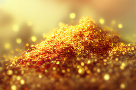 Photo realistic background blur, bokkeh lights, shallow depth of field. A creative illustration of a colorful pile of gold glitter.の写真素材