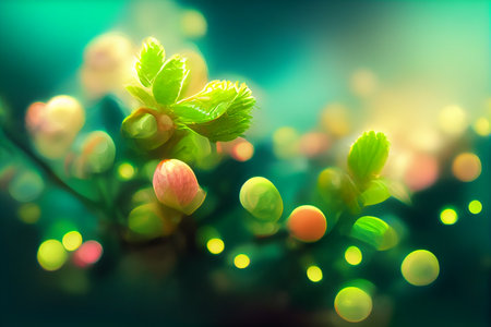 Photo realistic background blur, bokkeh lights, shallow depth of field. A creative illustration colorful lights amongst flowers.の写真素材