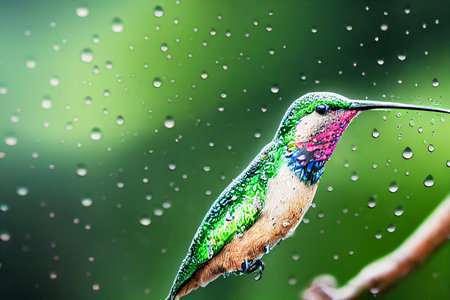 Creative illustration of raindrops falling on a colorful humming bird, green background.の写真素材