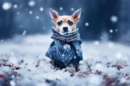 Creative illustration of a cute little dog dressed against the cold on a winter morning with snow falling.の写真素材