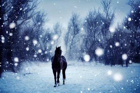 Creative illustration of winter snow falling on a black horse. Analogue film coloring.の写真素材