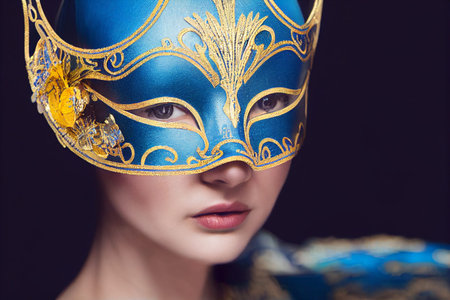 Illustration of an elaborate and colorful costume masquerade mask on an exotic woman with a blue and...