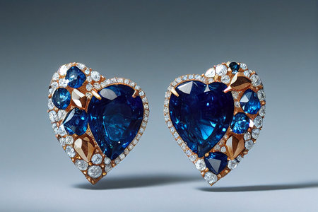 Jewelery illustration of a pair of heart shaped sapphire earring on a blue background.の写真素材
