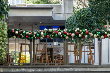 An upstairs outdoor bar with Christmas decorations in Brisbane city mall, Queensland, Australia.の写真素材