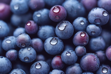 Rain drops falling on delicious blueberries. A creative illustration.の写真素材