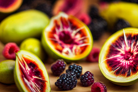 Fruit illustration of passion fruit, raspberries and blackberries. The deep rich colors of fruit and...