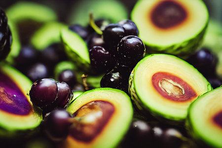 Creative illustration of black grapes and sliced avocado. The deep rich colors of fruit and...