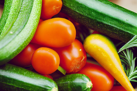 Vegetable illustration of healthy zucchini, rosemary, parsley, carrots. The deep rich colors of fruit and vegetables, containing antioxidant properties for a healthier youの写真素材