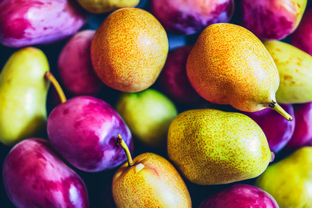 Fruit illustration of juicy ripe plums and pears. The deep rich colors of fruit and vegetables, containing antioxidant properties for a healthier youの写真素材