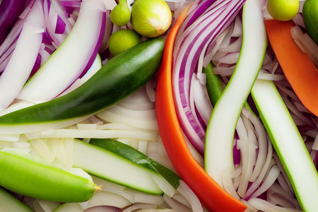 Vegetable illustration of sliced onion, capsicum and zucchini. The deep rich colors of fruit and...