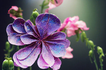 Creative illustration of glittering detailed and vibrant fabric flowers, fantasy purple sweet peas.