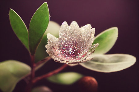 Creative illustration of glittering detailed and vibrant fabric flowers, a fantasy eucalyptus seed...