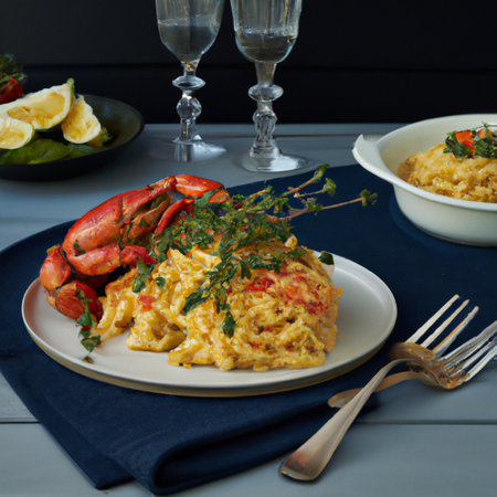 Food illustration of delicious seafood - lobster pasta with lemon and herbs.の写真素材