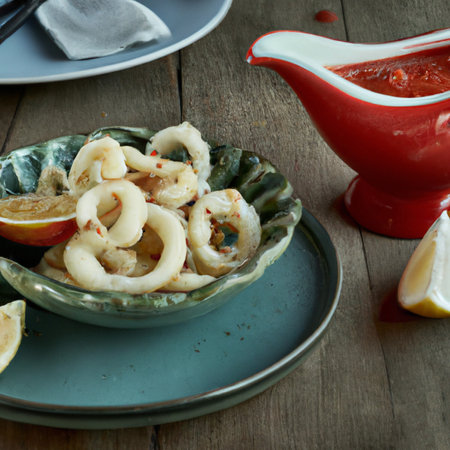 Food illustration of delicious crispy calamari seafood with seafood sauce and lemon.の写真素材