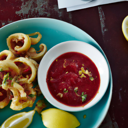 Food illustration of delicious crispy calamari seafood with seafood sauce and lemon.の写真素材