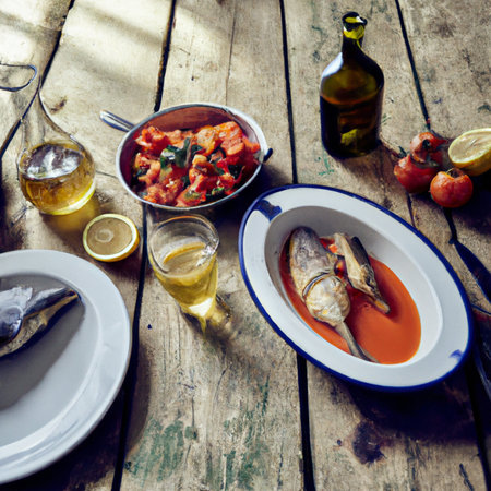 Food illustration of baked fish and vegetables on a timber table.の写真素材