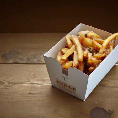 Food illustration of deep fried crunchy and tasty potato chips in a box.