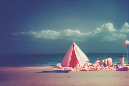 Artistic illustration of an infrared scene with cotton-candy hues. A family having a picnic at the beach.の写真素材