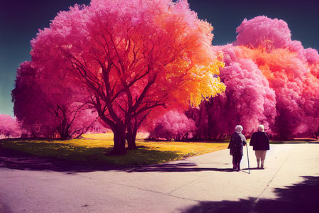 Artistic illustration of an infrared scene with cotton-candy hues. Two elderly people with a walking stick strolling in a park.の写真素材