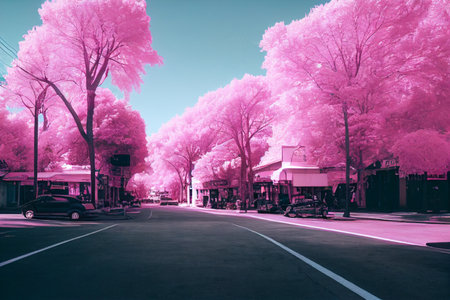 Artistic illustration of an infrared scene with cotton-candy hues. Cars in a city street lined with trees.の写真素材