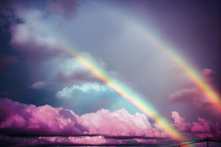 Artistic illustration of an infrared scene with cotton-candy hues. A beautiful rainbow in a cloudy sky.の写真素材