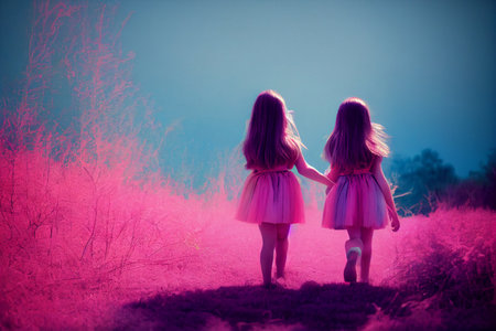 Artistic illustration of an infrared scene with cotton-candy hues. Two young girls with long hair walking hand in hand.の写真素材
