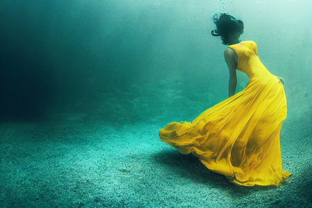 Bright and colorful computer generated illustration of a young woman in a yellow dress floating underwater.の写真素材