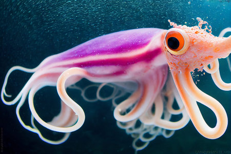 Bright and colorful computer generated illustration of a squid in close up view swimming in the...