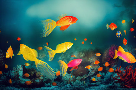 Bright and colorful computer generated illustration of fish and coral in the ocean.の写真素材